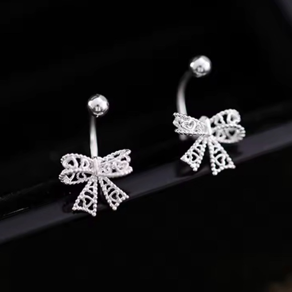 Zara Jewelry - S925 Real Silver Lace Heart Hollow Bow Screw Buckle Puncture Stud Earrings. .